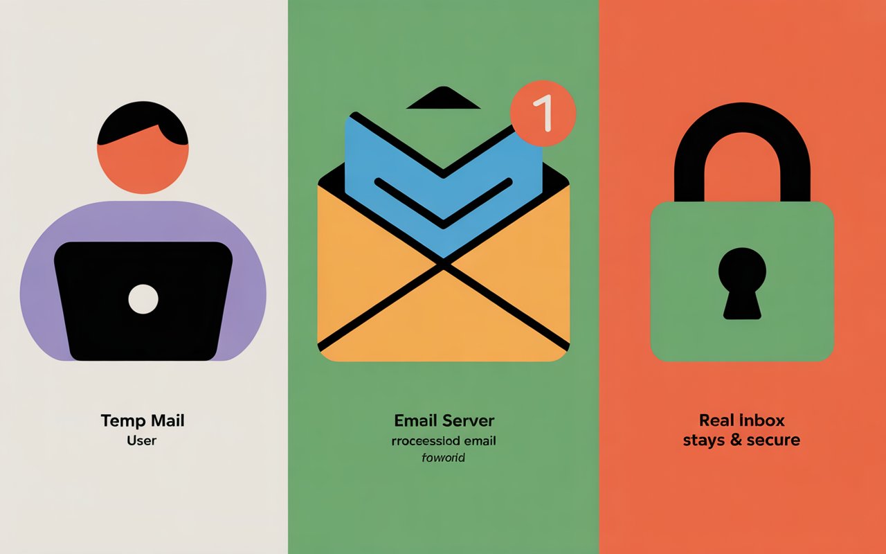 Workflow showing how using a temporary email address protects a real inbox from spam.